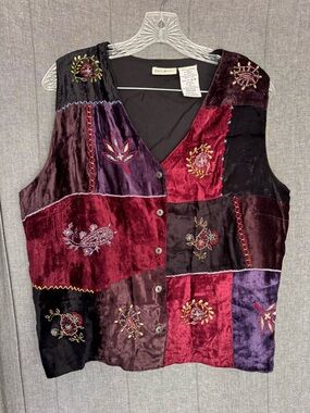 Patchwork Velvet Embroidered Vest 90s y2k Whimsigoth Fairy Hippie Boho Floral Lg